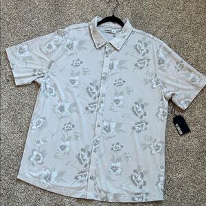 Men’s XL Linksoul Printed Pacific Button Down Polo, Fog Hibiscus